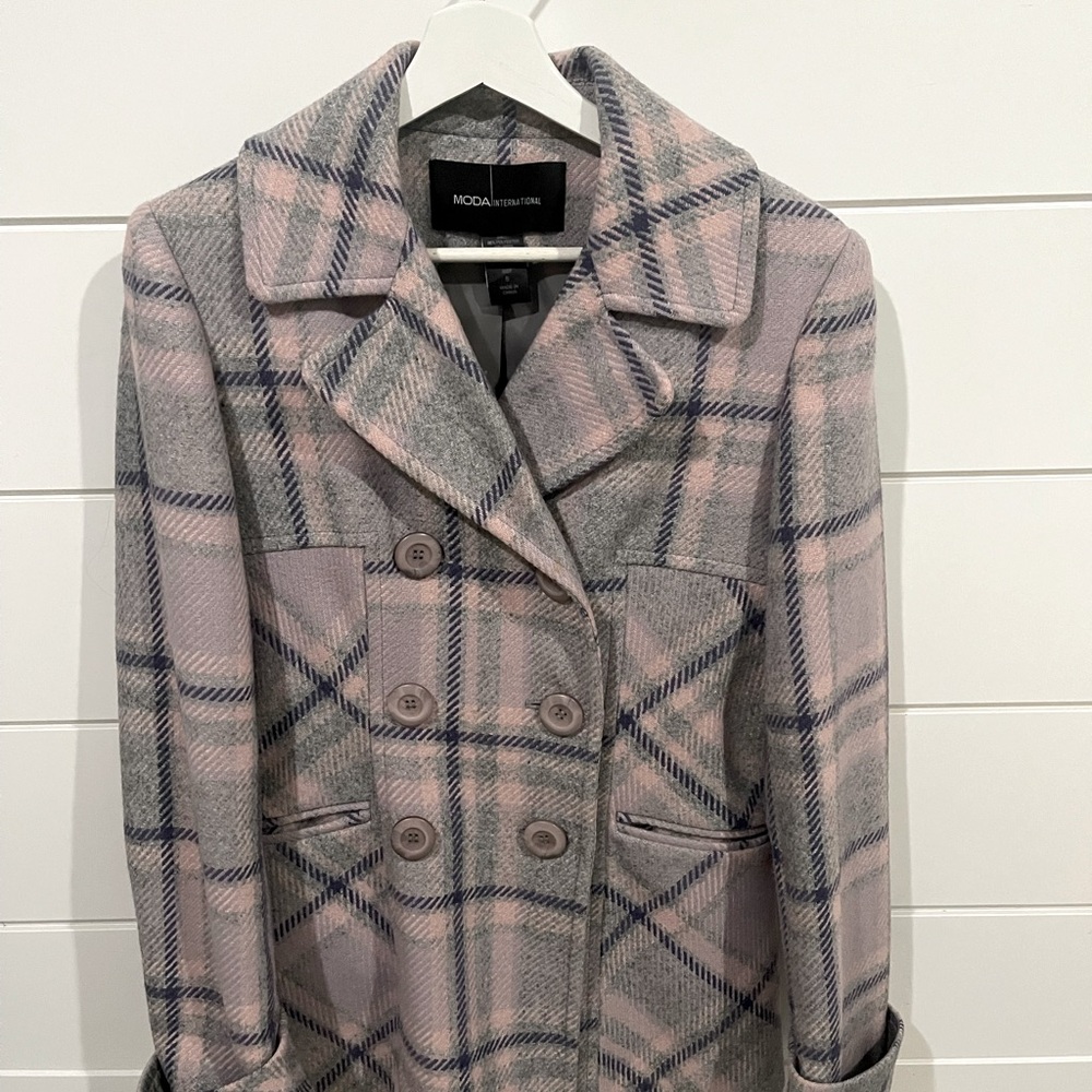MODA international winter pea coat. Plaid, size S.
